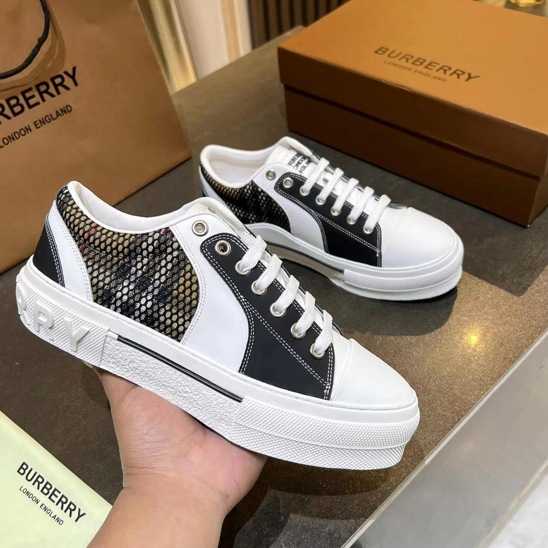 Women's Black & White Vintage Check Cotton, Mesh and Leather Sneakers
