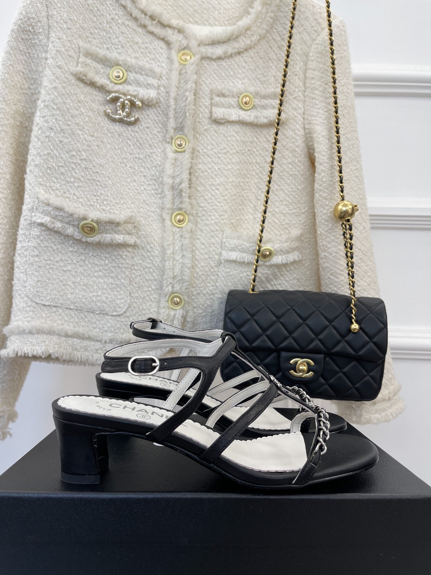 Black CC leather & metal sandals