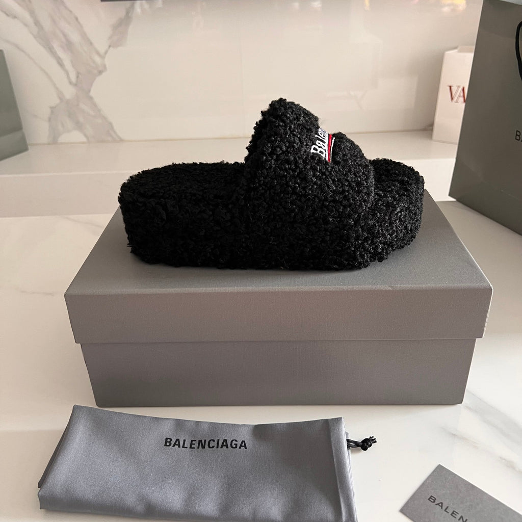 Black Furry Platform Sandal