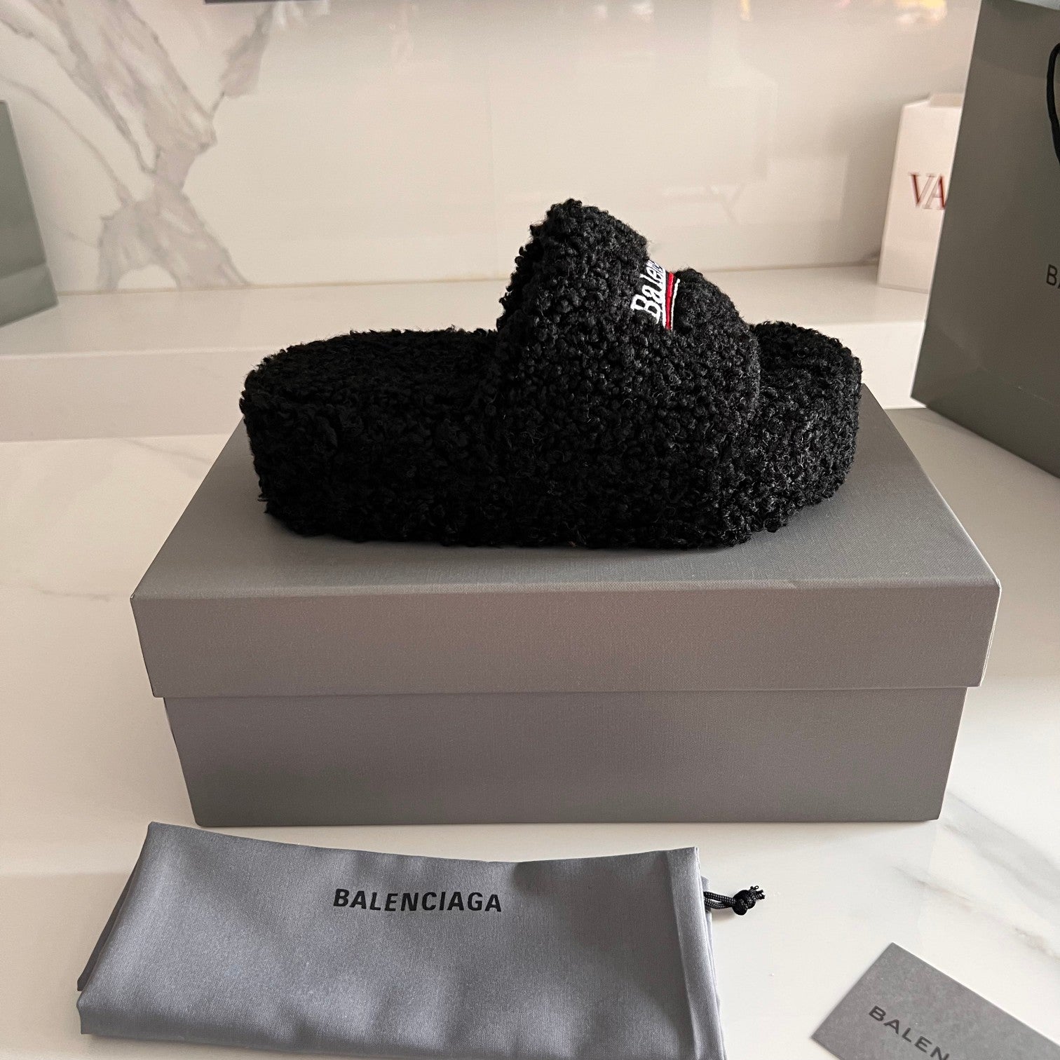 Black Furry Platform Sandal