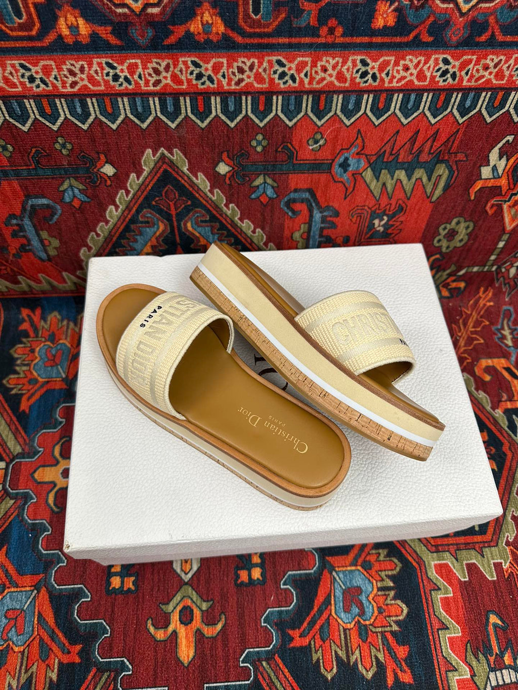 Natural Raffia & White Embroidered DD Platform Slide