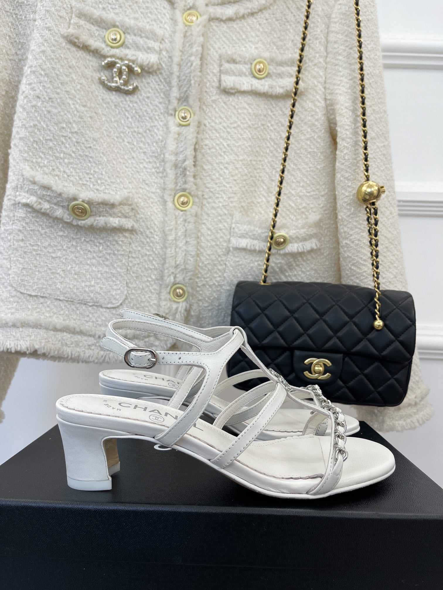 White CC leather & metal sandals