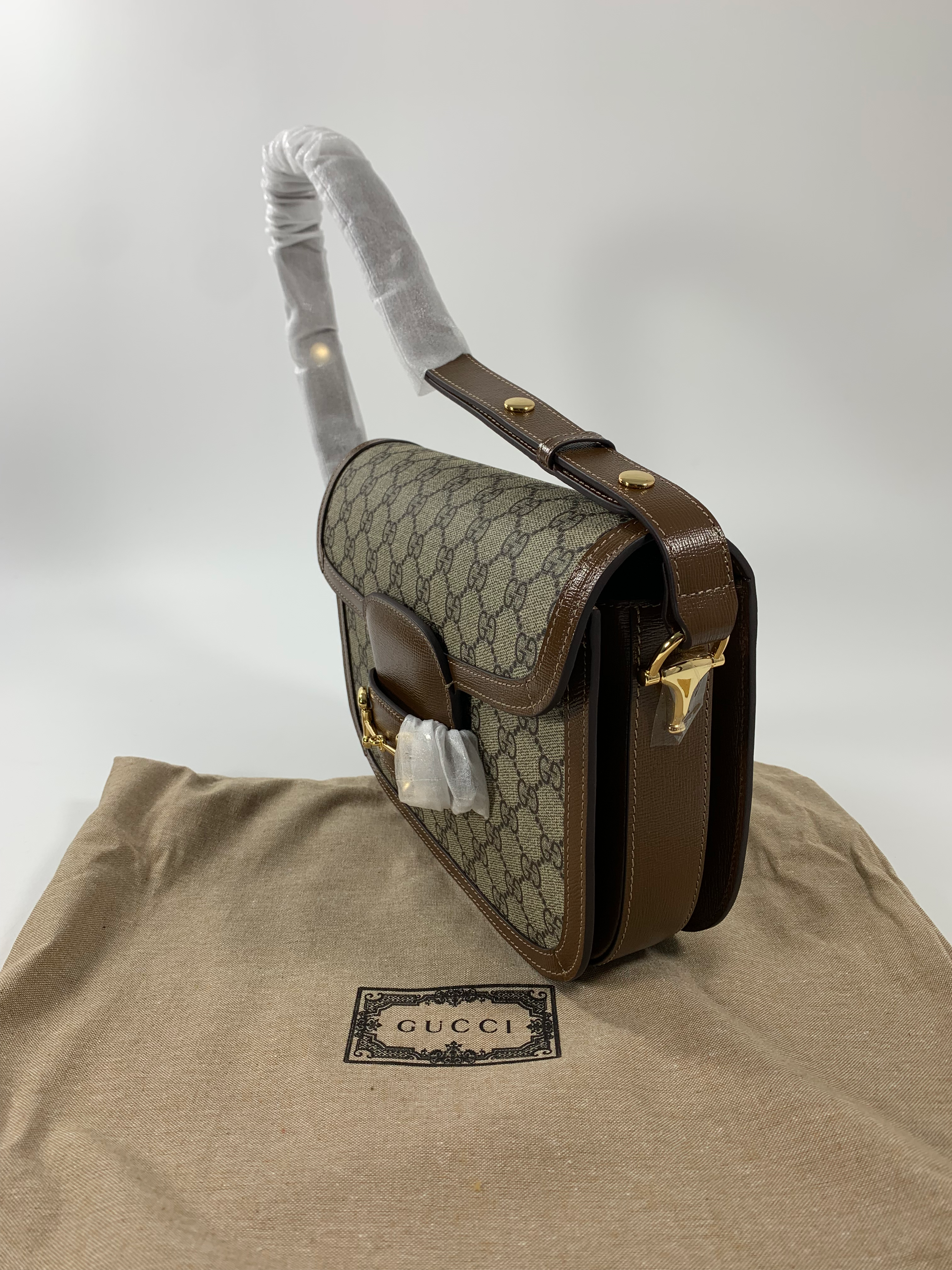 Beige & dark-brown GH medium printed coated-canvas shoulder bag