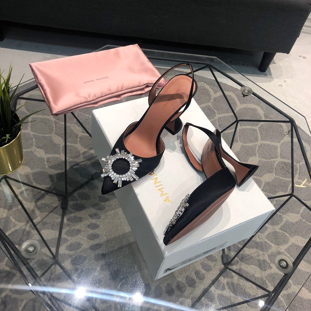 AB crystal-embellished satin slingback pumps