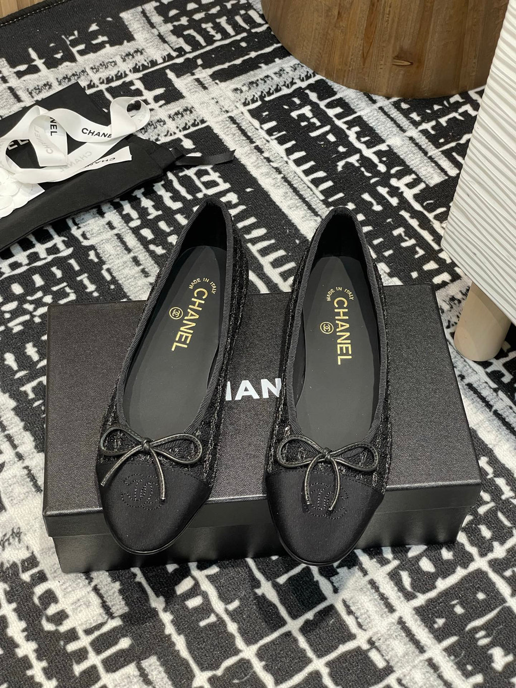 Black Glittered Tweed Ballet Flats