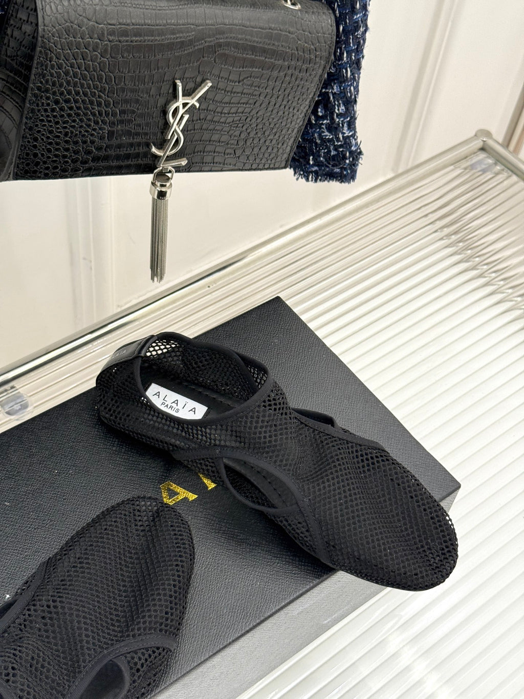 Black Slippers In Fishnet