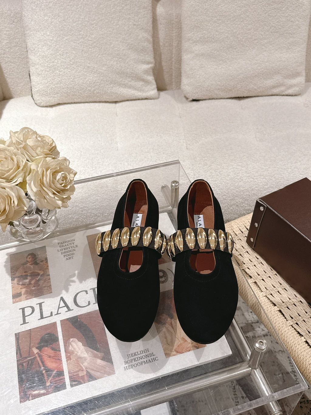 Black Jewel Ballet Flats In Suede