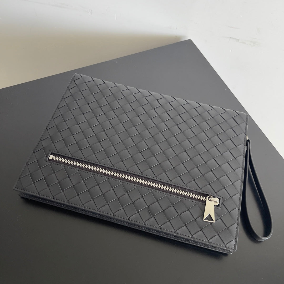 Black Intrecciato Document Case With Wristlet