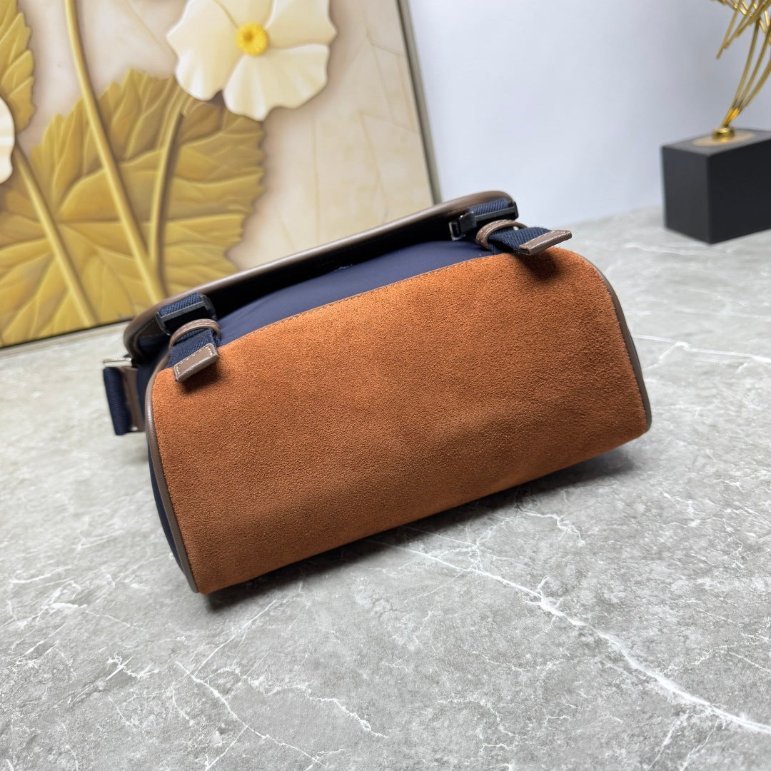 Blue/Coffee Medium Re-Nylon & Leather Shoulder Bag