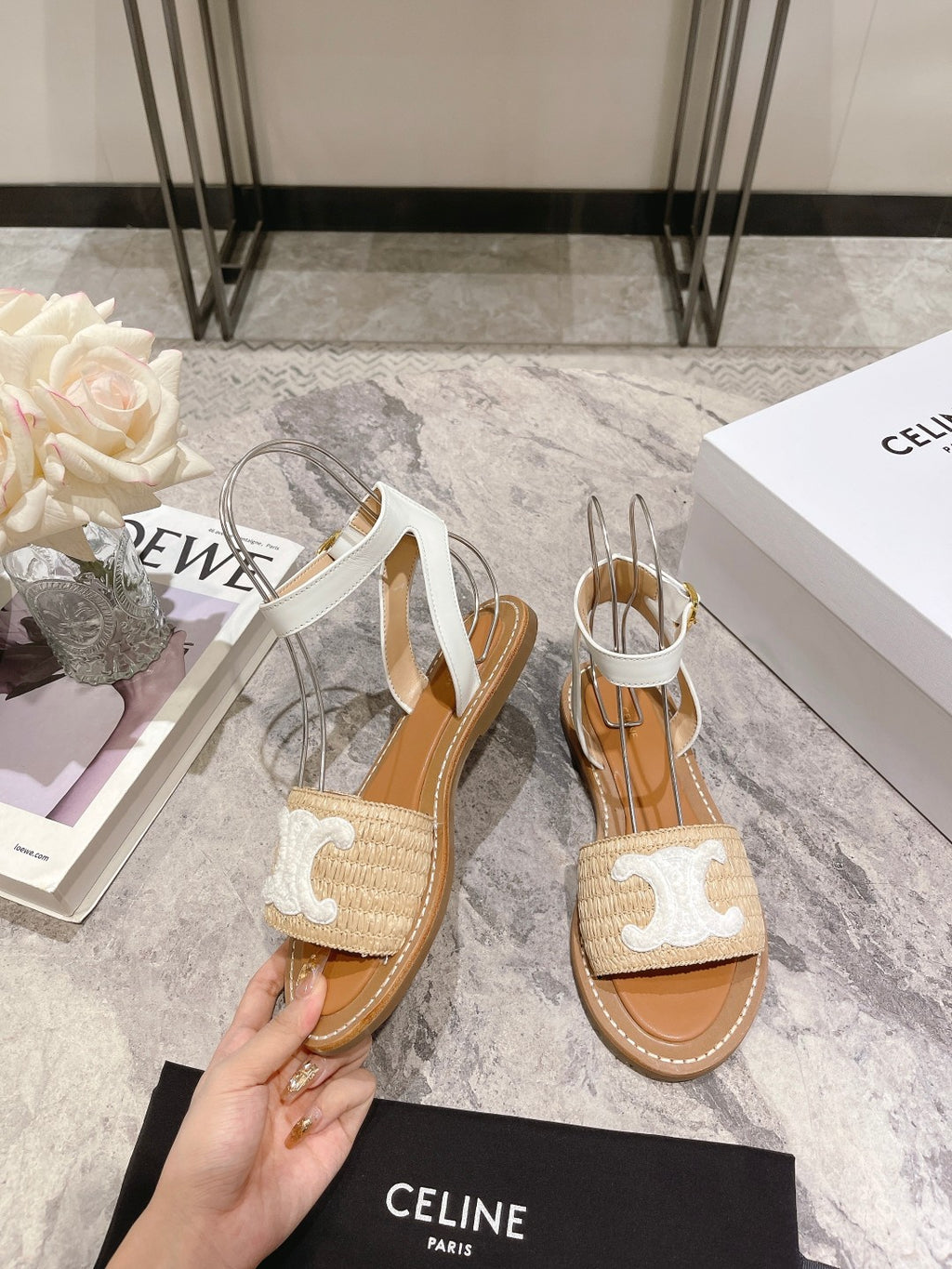 Beige & White CL Flat Strap Sandal