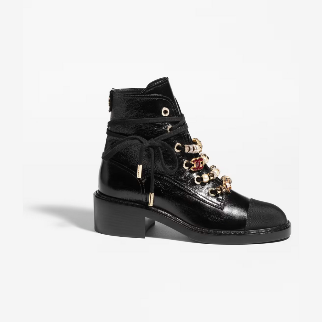 Leather, Grosgrain, Imitation Pearls, Strass & Metal Combat Boots