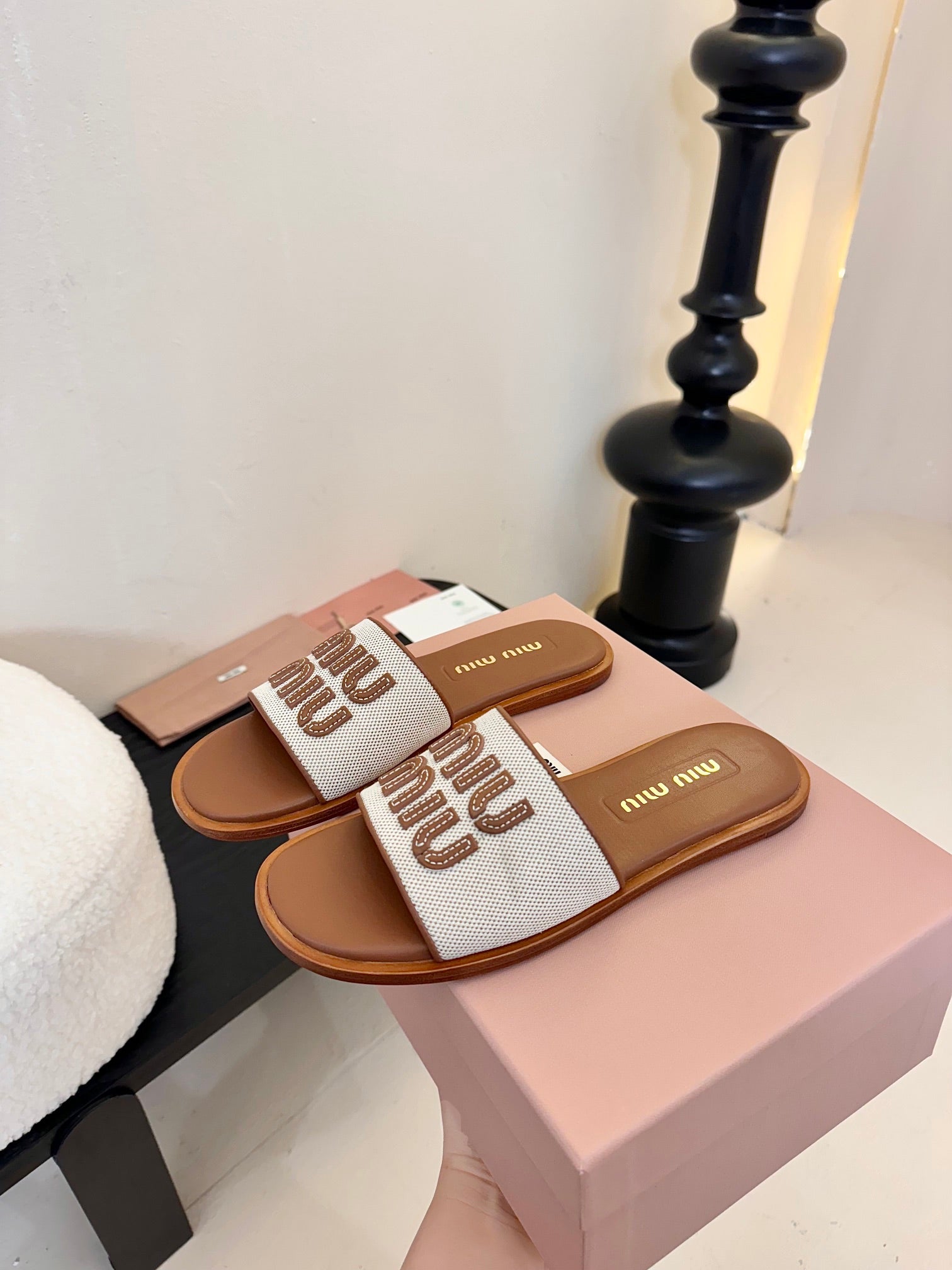 Beige/Brandy Canvas & Leather Slides