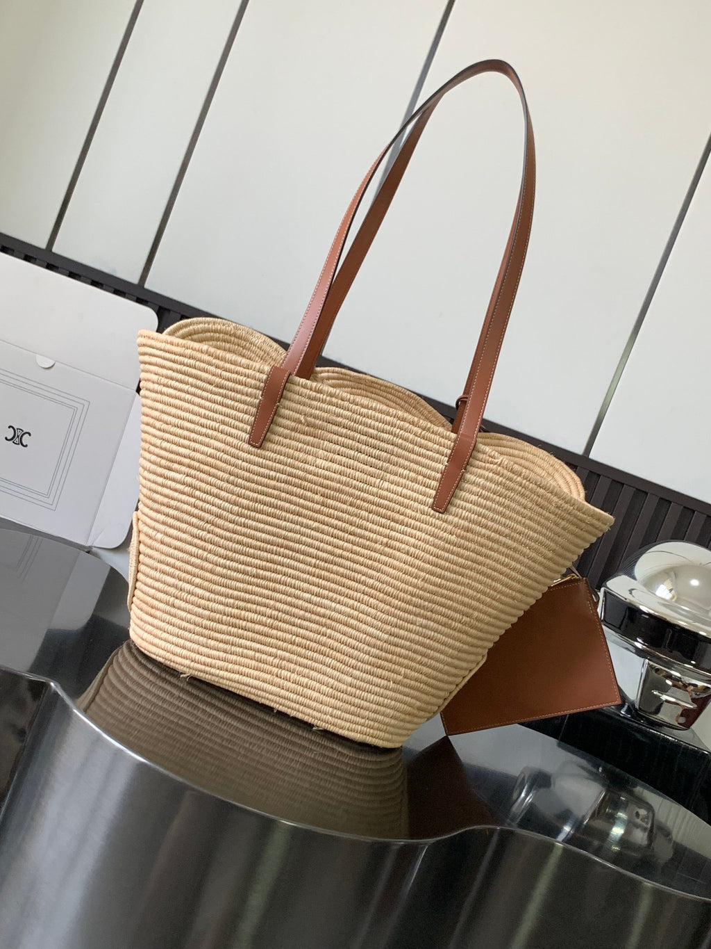 Tan Classic Panier Medium Braided In Raffia & Leather