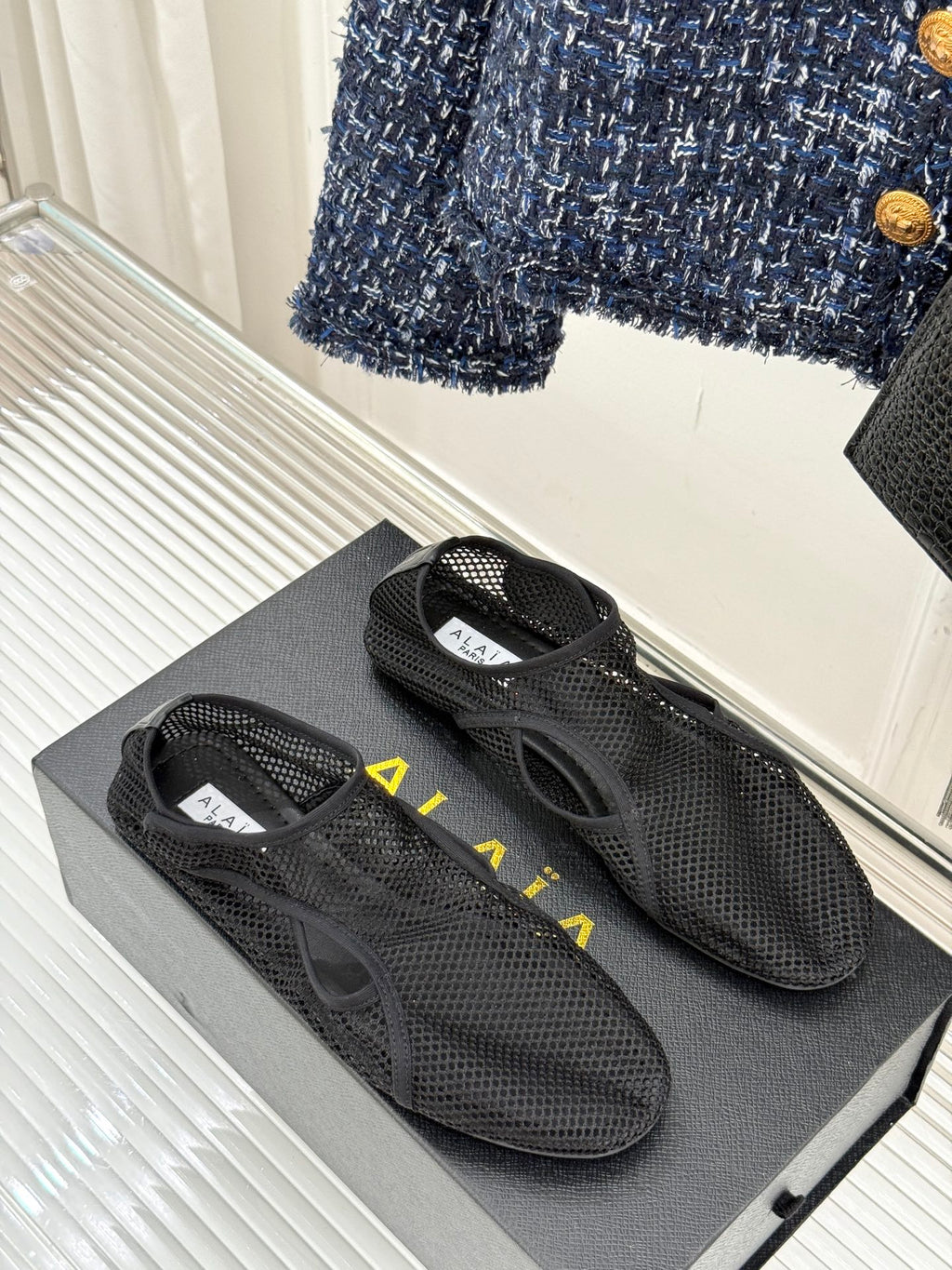 Black Slippers In Fishnet