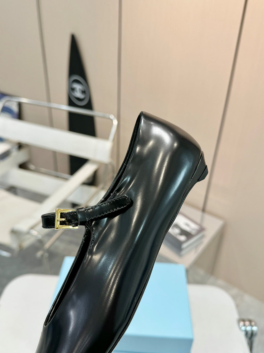 Black Brushed Leather Mary Jane Ballerinas