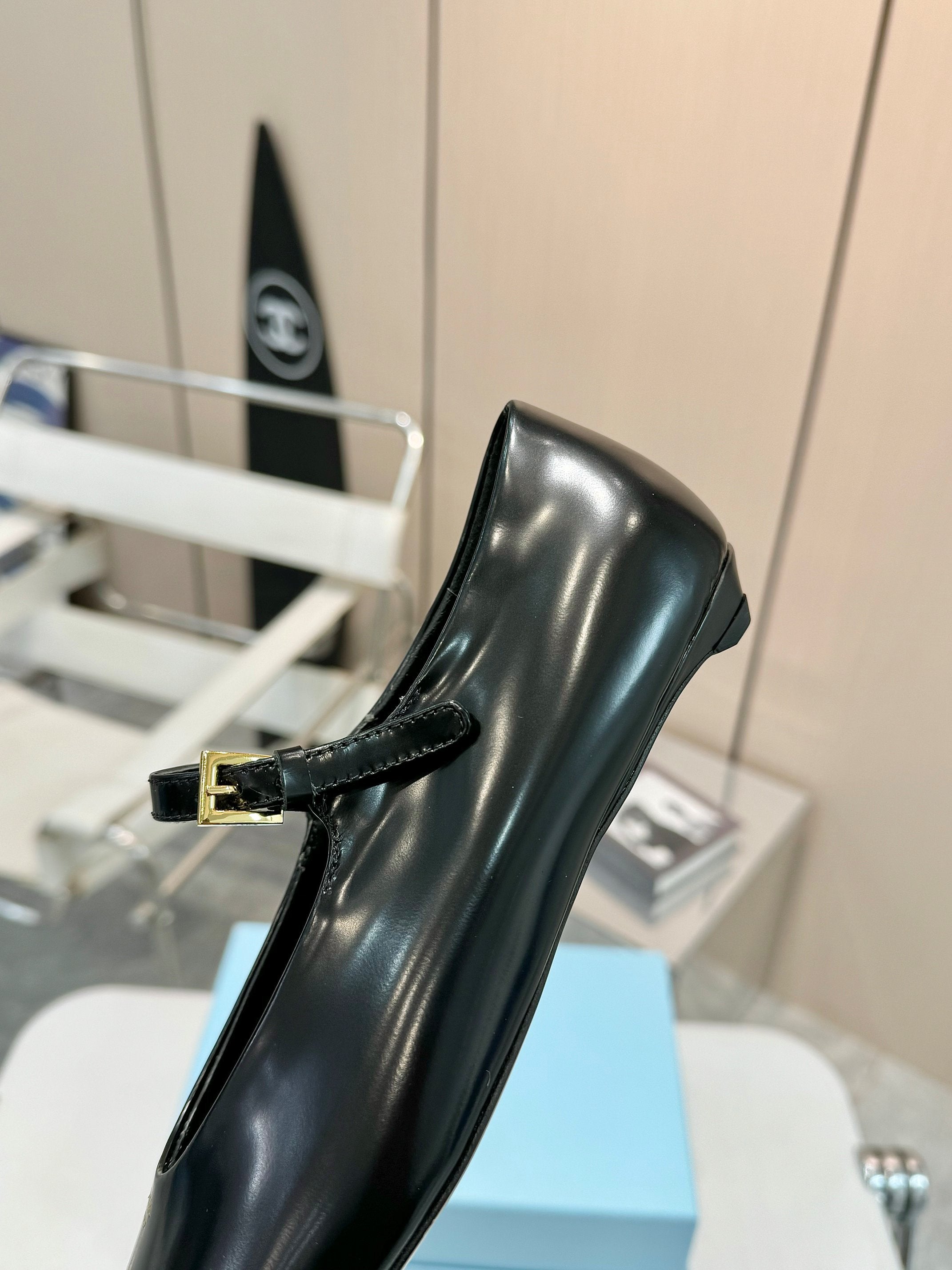 Black Brushed Leather Mary Jane Ballerinas