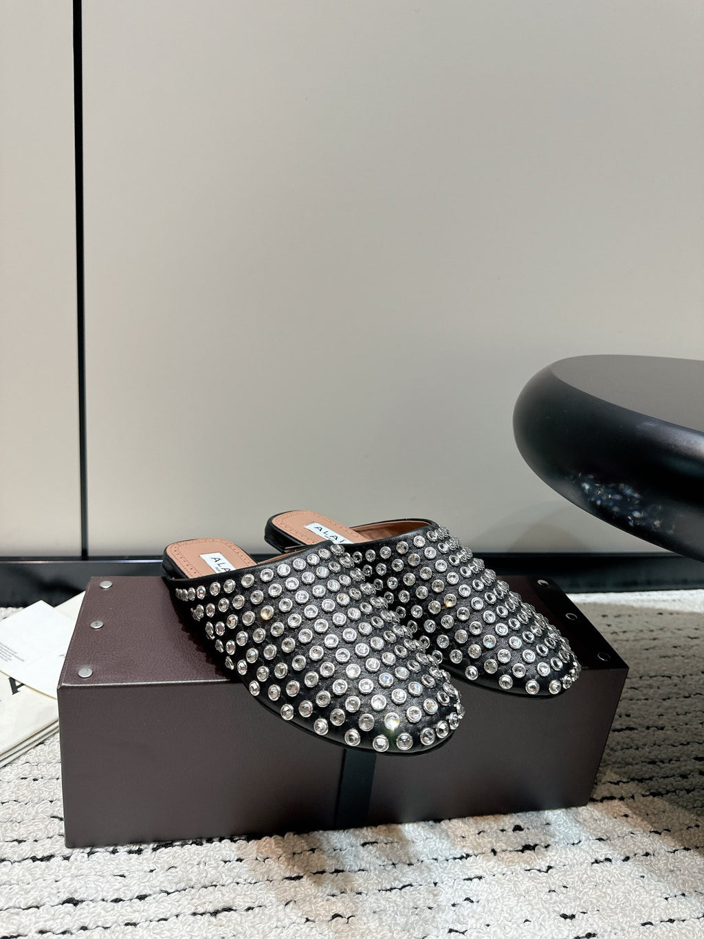 Black Flat Mules In Strass Leather