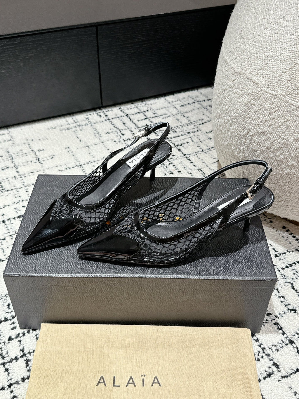 Black Le Coeur Slingbacks In Fishnet