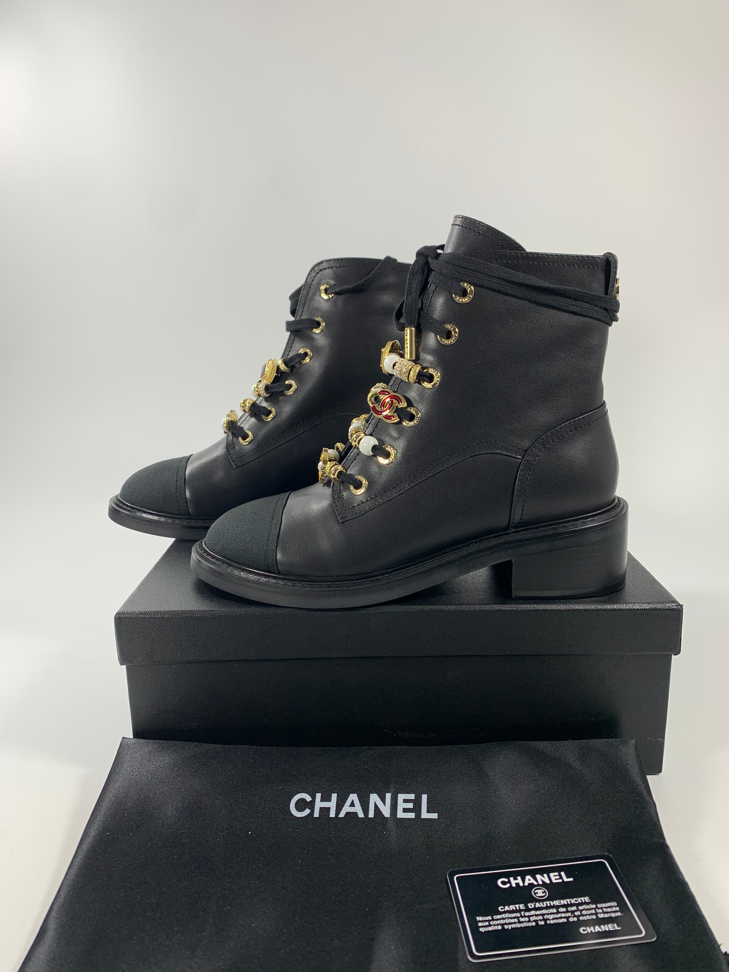 Leather, Grosgrain, Imitation Pearls, Strass & Metal Combat Boots