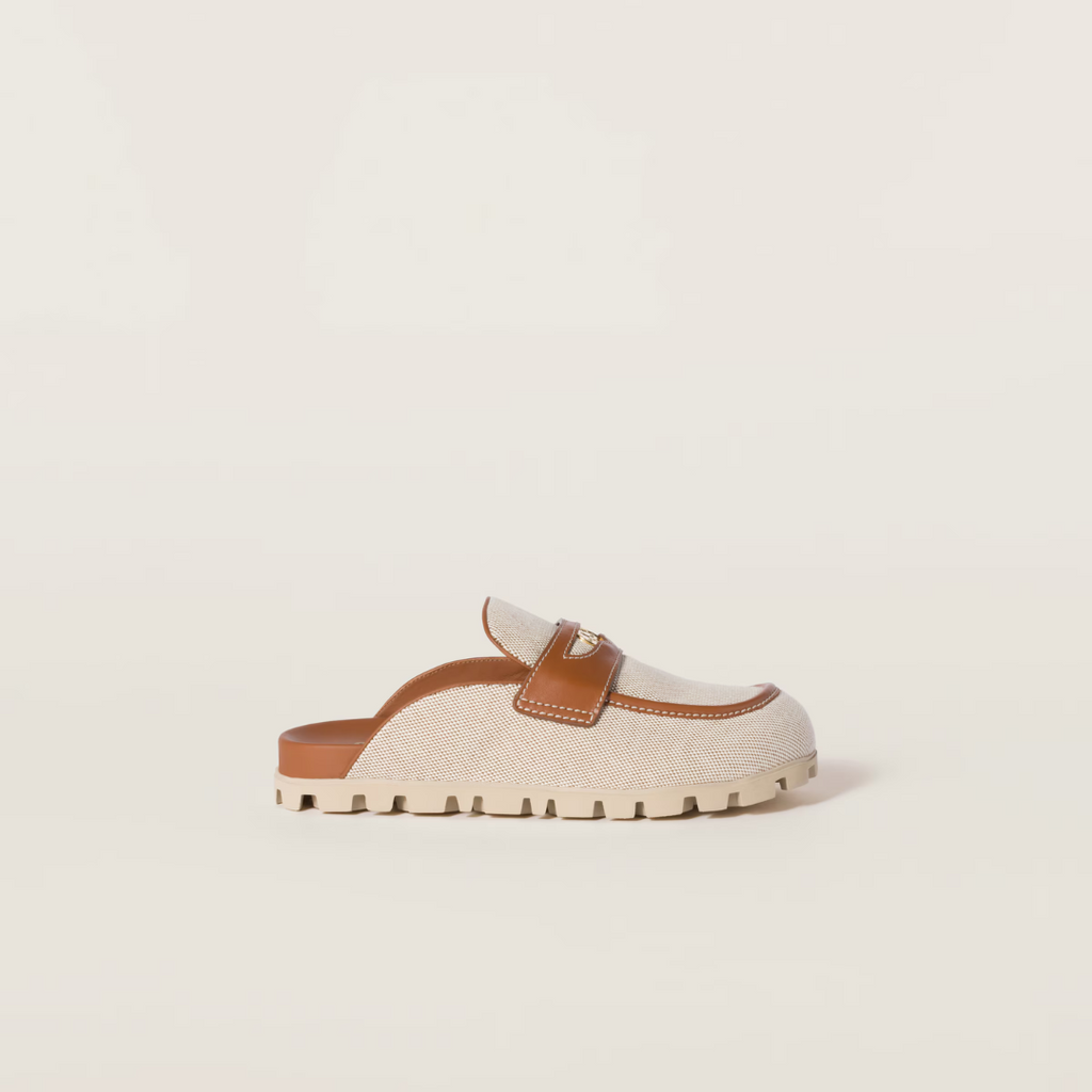 Beige/Brandy Canvas & Leather Mules