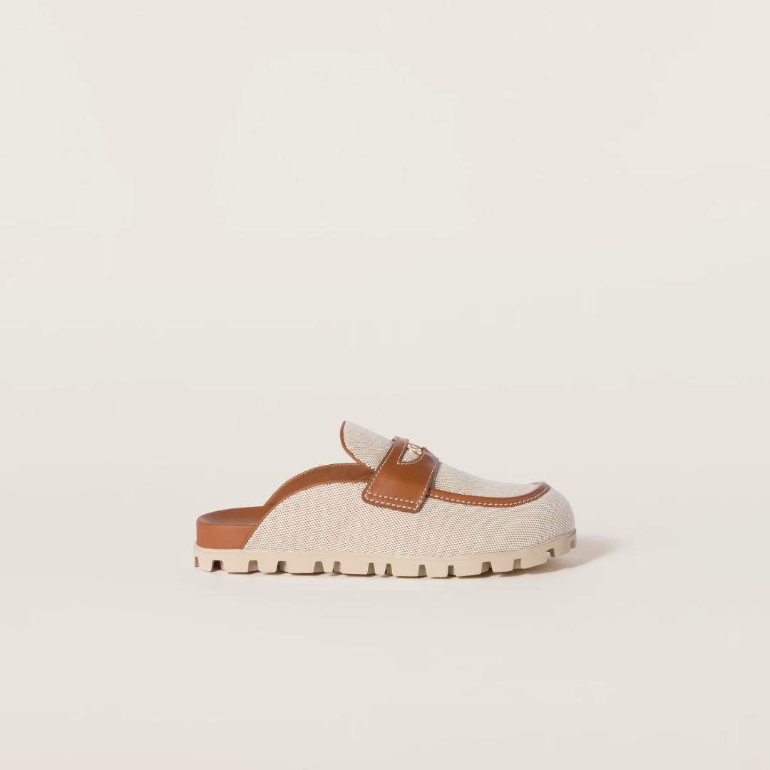 Beige/Brandy Canvas & Leather Mules
