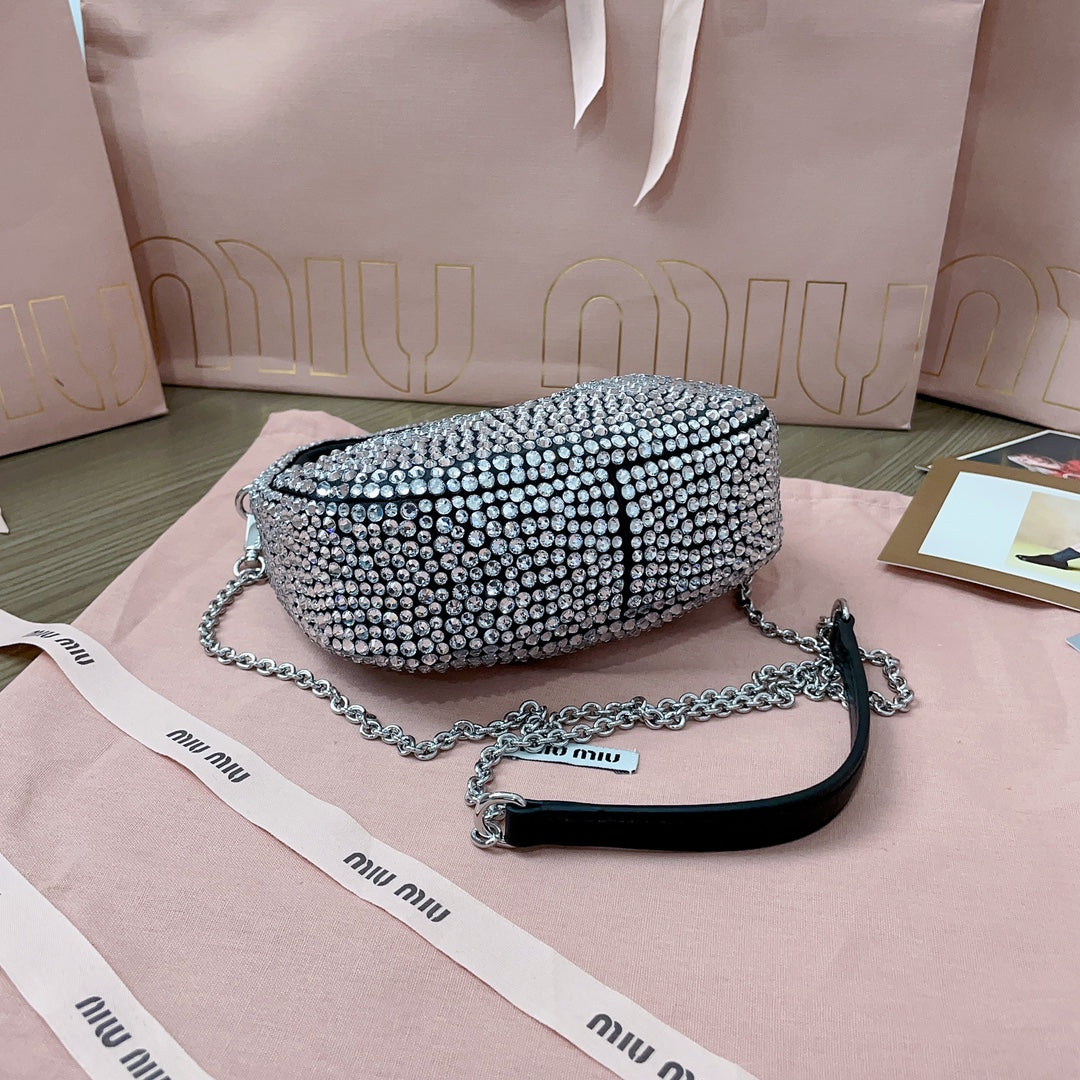 Black Wander Satin Mini Hobo Bag With Synthetic Crystals