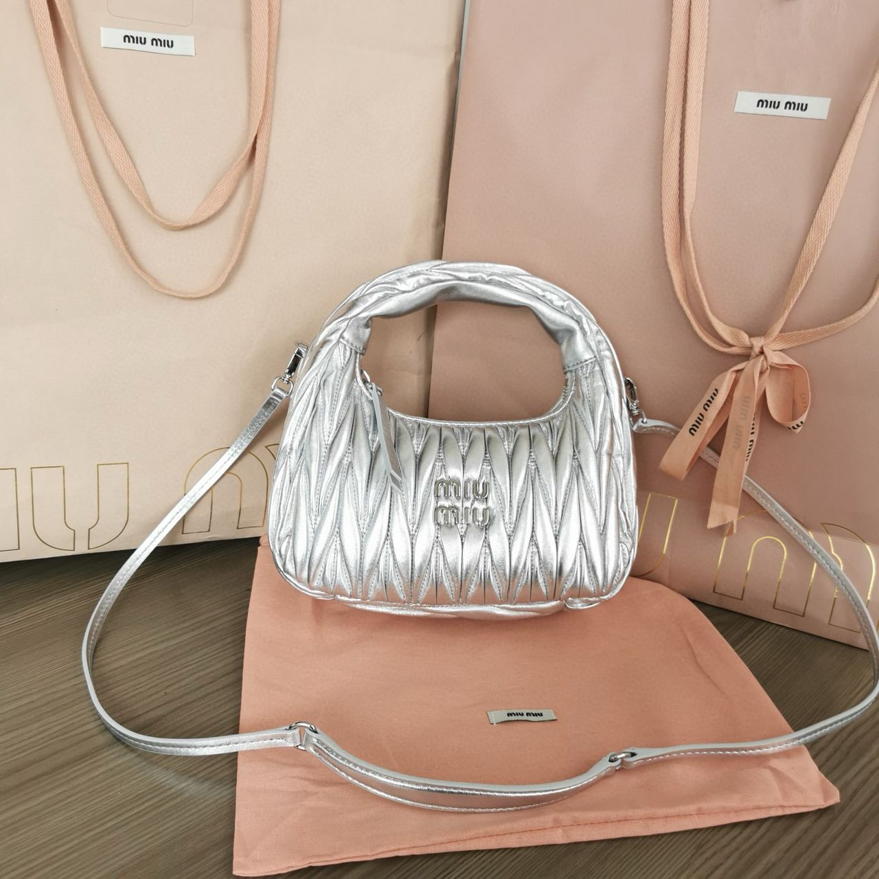Silver Wander Matelassé Leather Small Hobo Bag