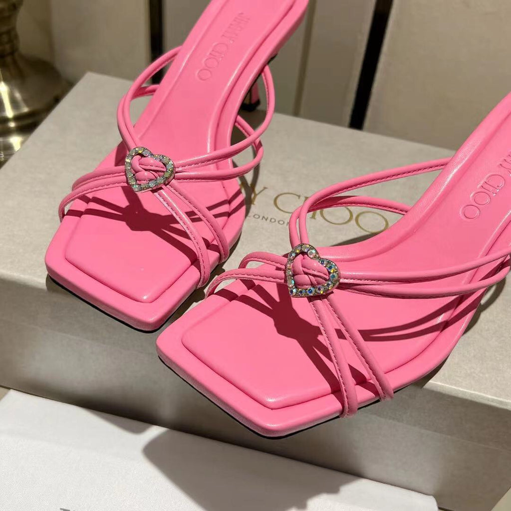 Candy Pink Leather Mules with Crystal Hearts