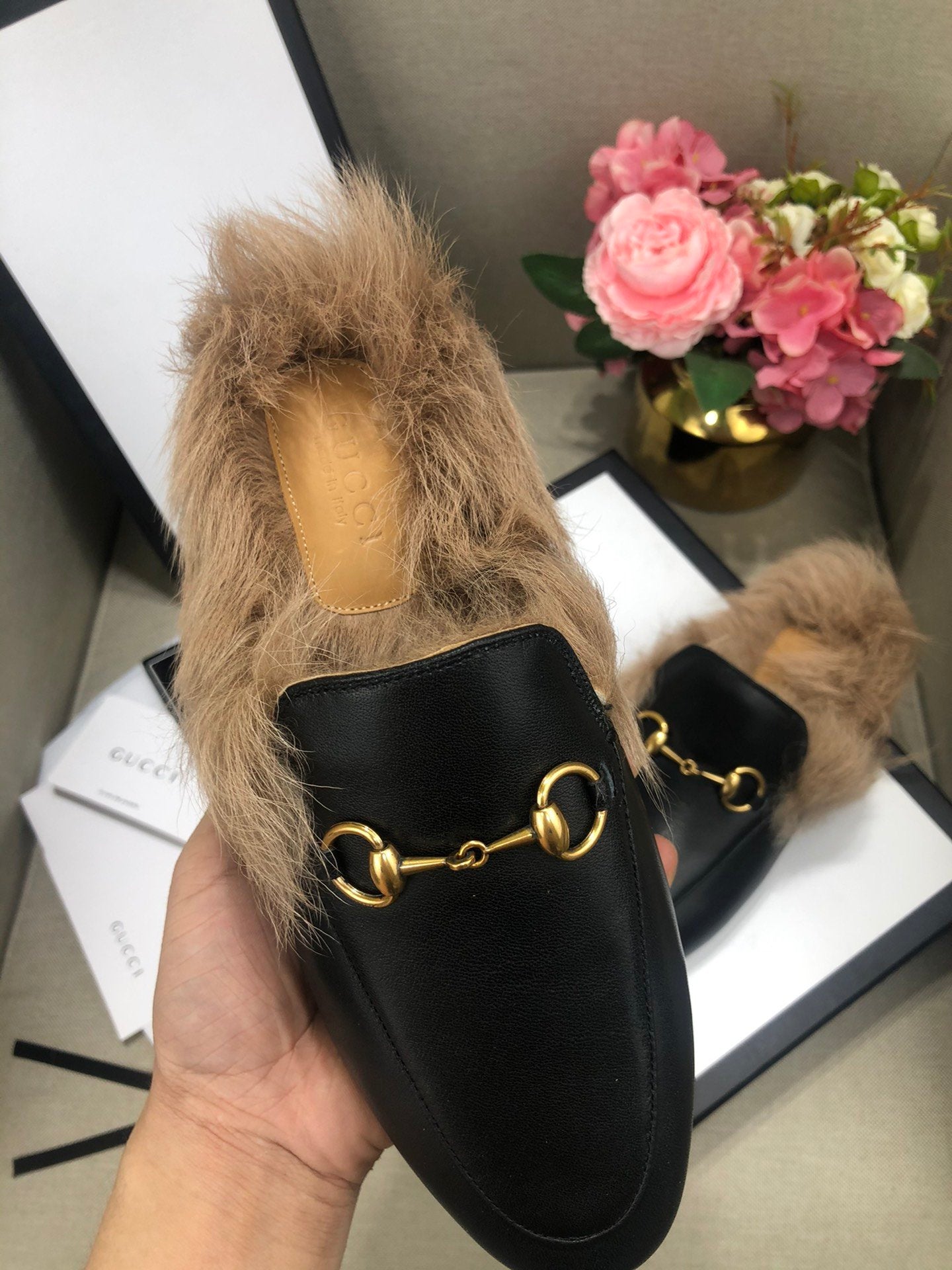 Black GP fur slippers