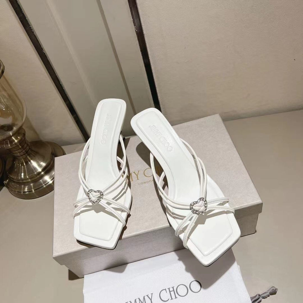 Latte Leather Mules with Crystal Hearts