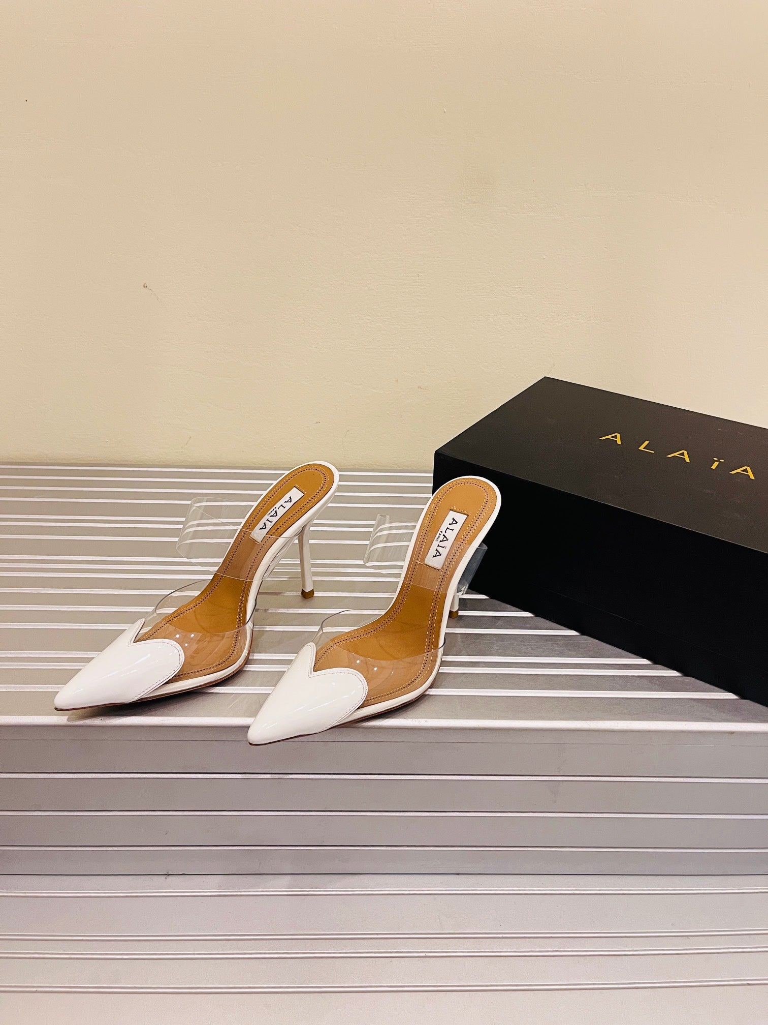 Optic White LC Mules In Patent Leather