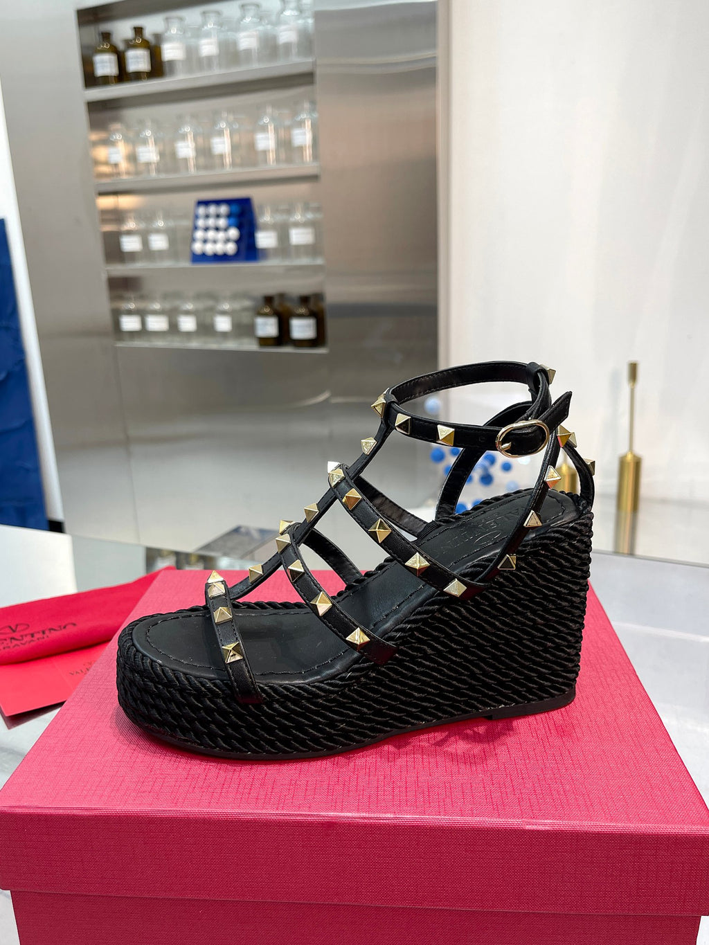 Black VR Ankle Strap Wedge Sandal