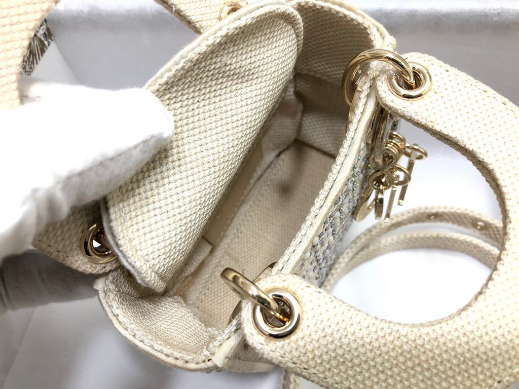 Beige Canvas Micro LD Bag With Multicolor Crystals