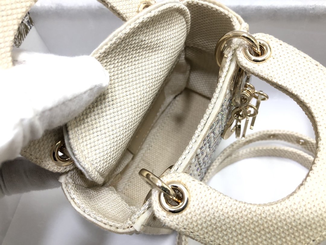 Beige Canvas Micro LD Bag With Multicolor Crystals