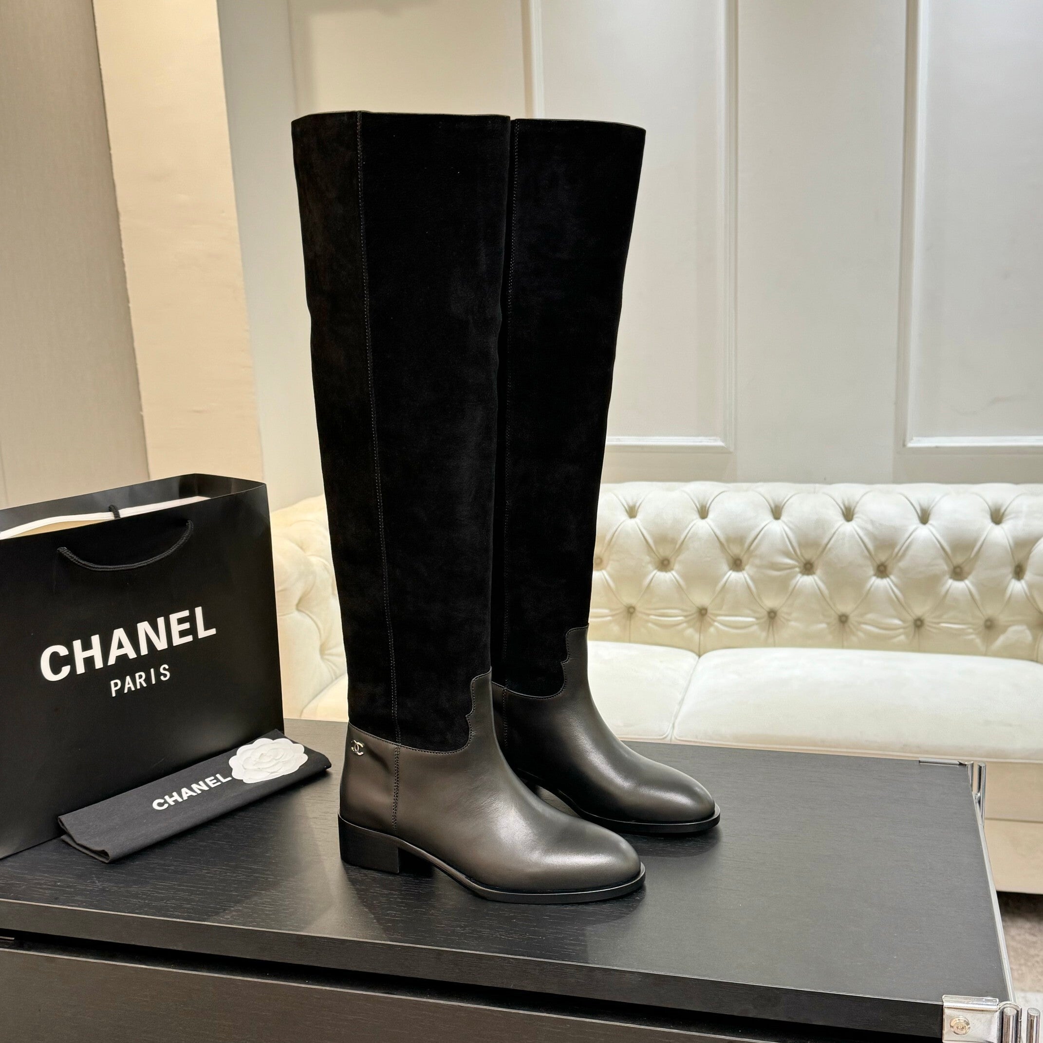 Black Velvet Thigh Boots