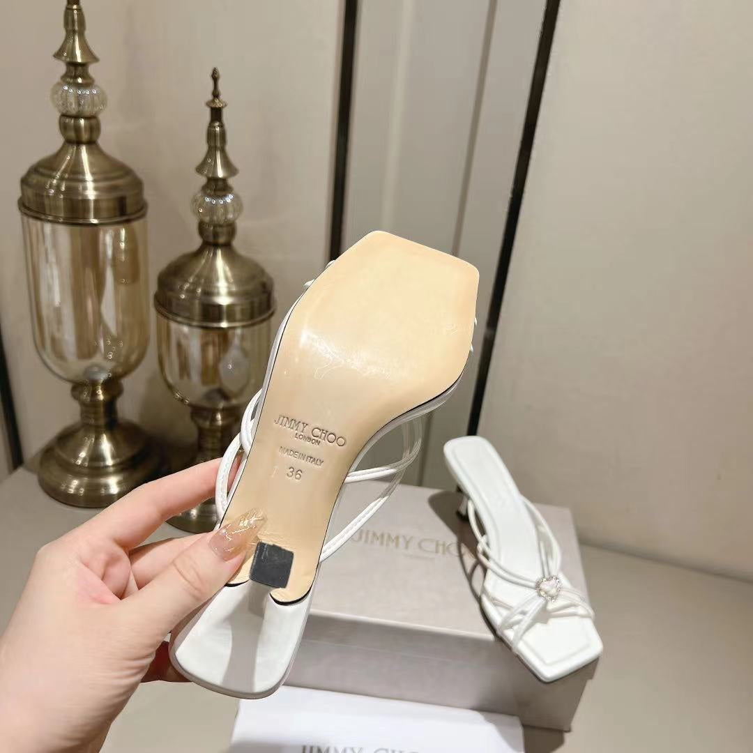 Latte Leather Mules with Crystal Hearts