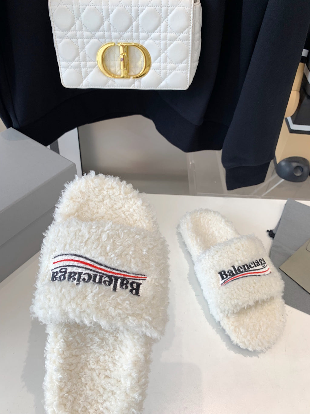 White Furry Slides Slip-On Sandals