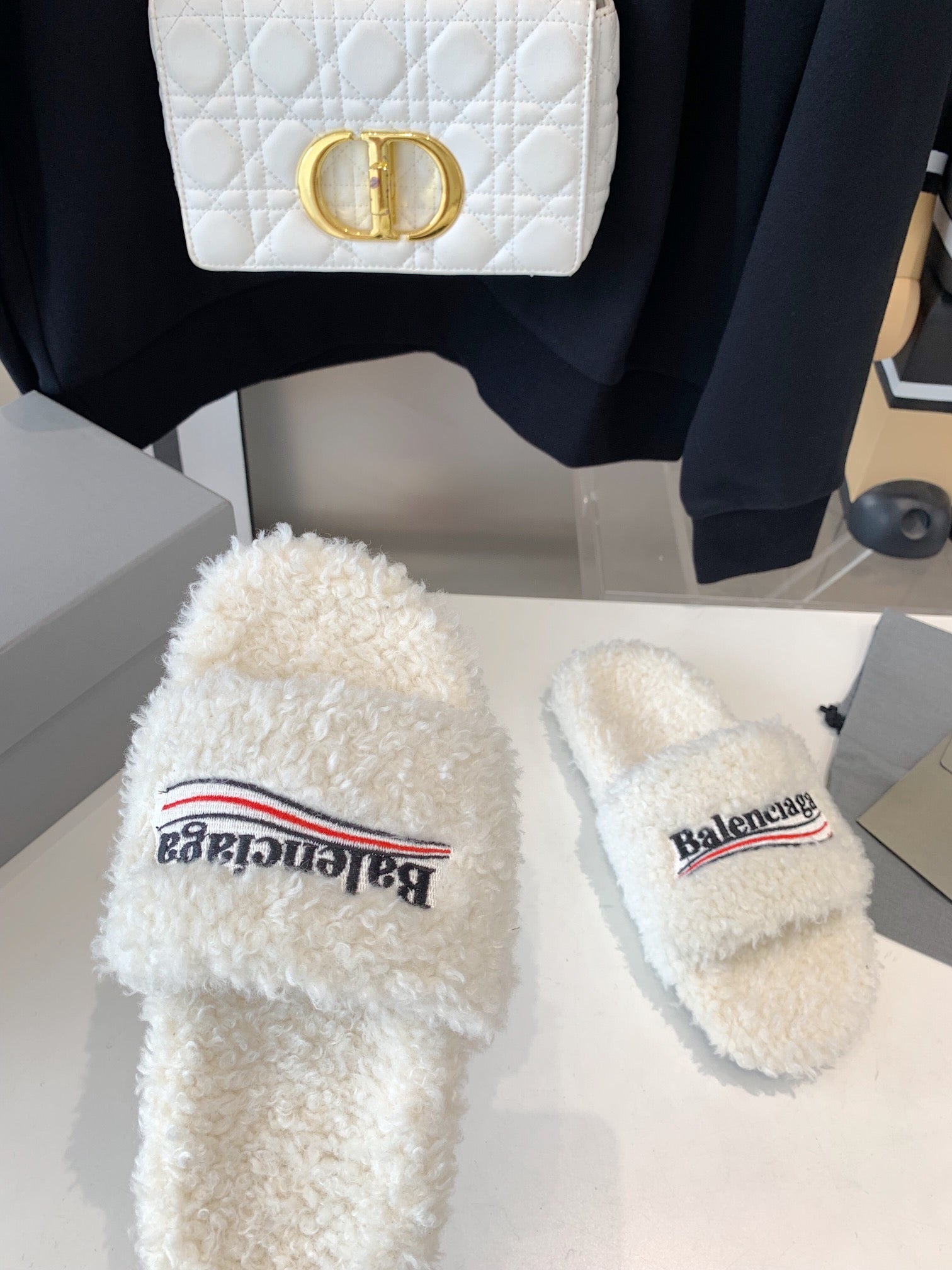 White Furry Slides Slip-On Sandals