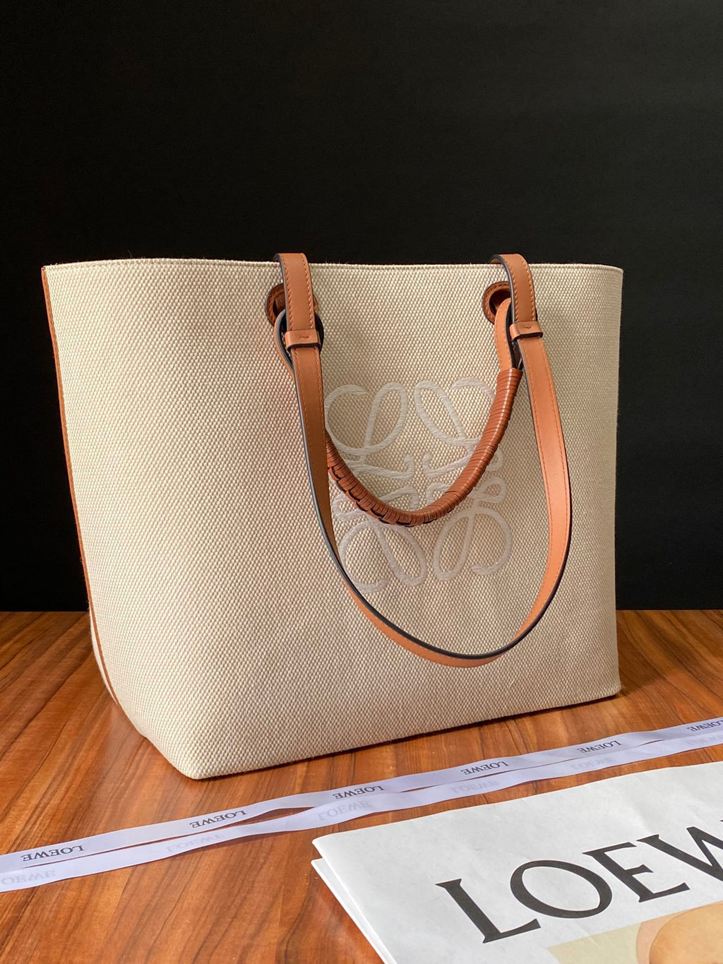 Ecru & tan small anagram tote bag