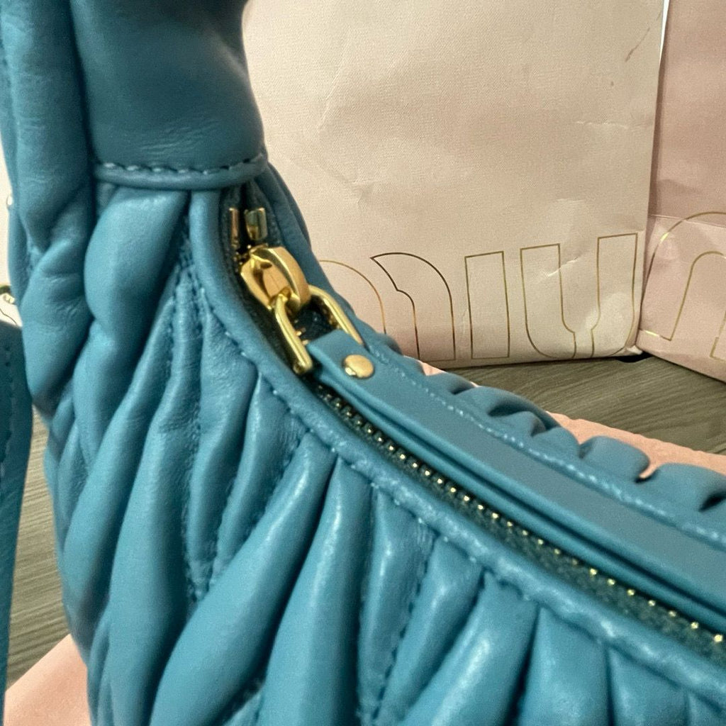 Lagoon Blue Wander Matelassé Leather Small Hobo Bag