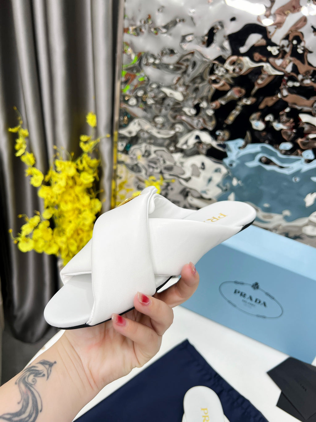 White Padded Leather Slides