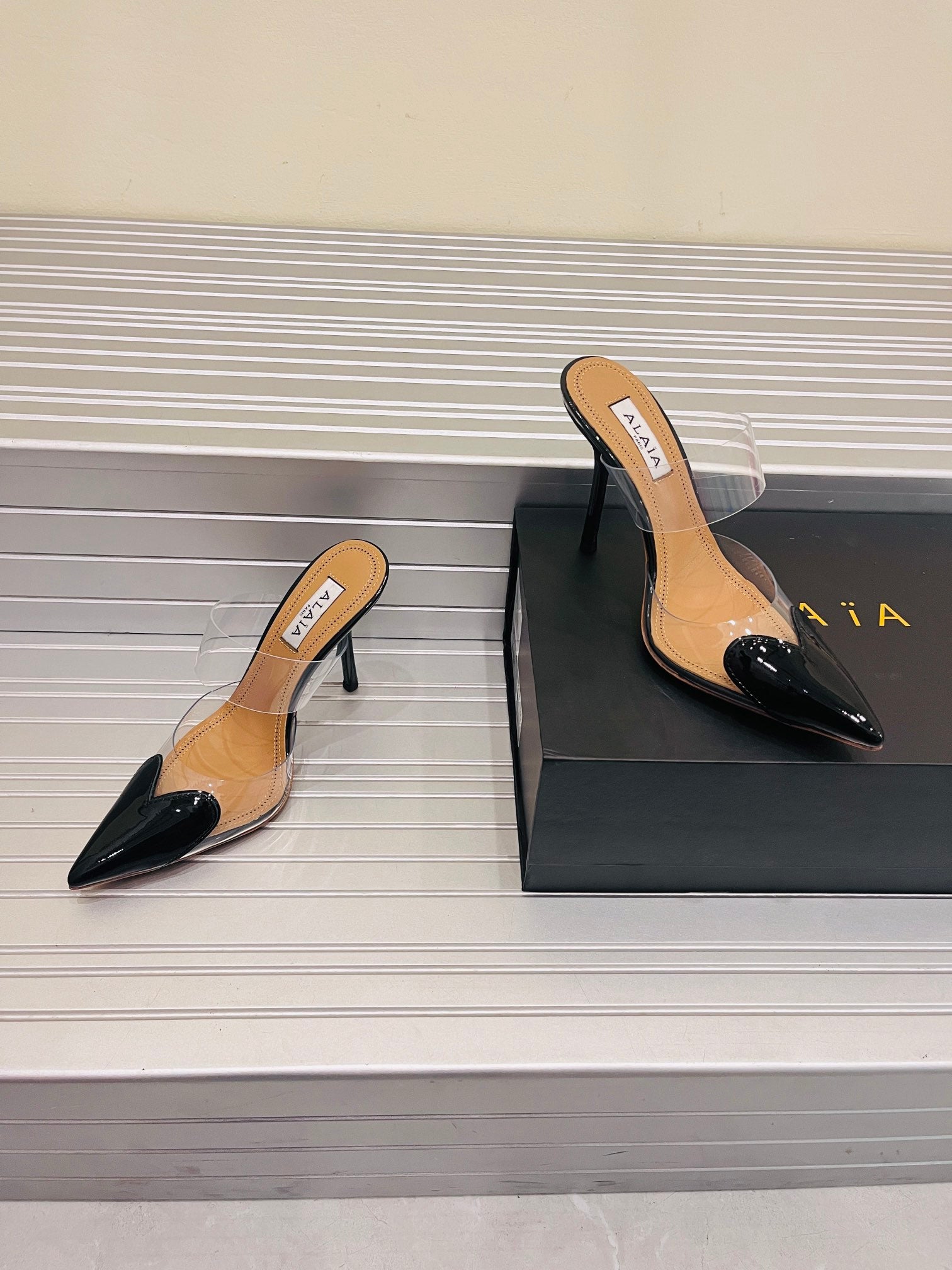 Black LC Mules In Patent Leather