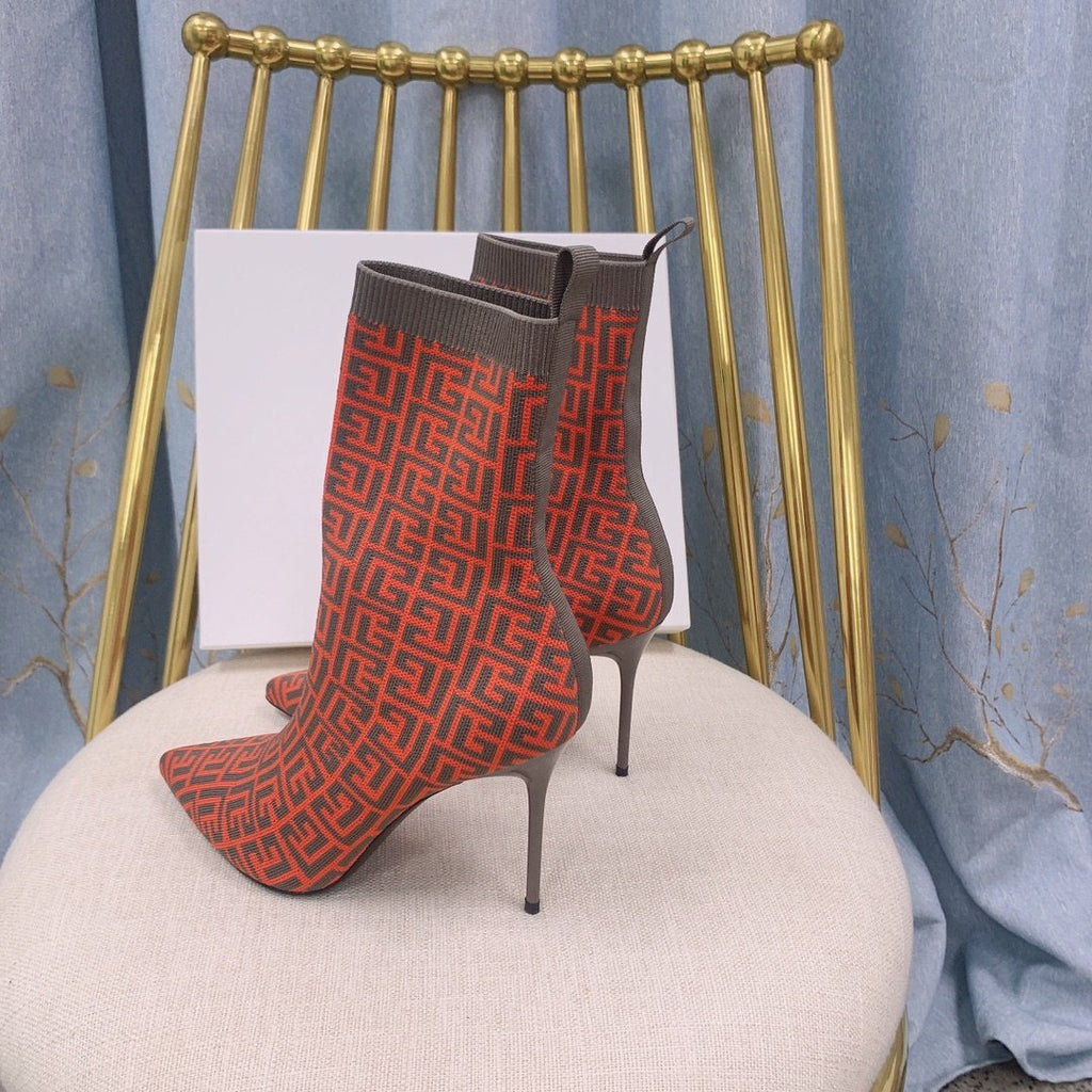 Orange BB stretch knit Skye ankle boots