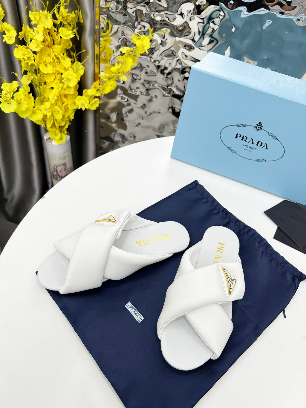 White Padded Leather Slides