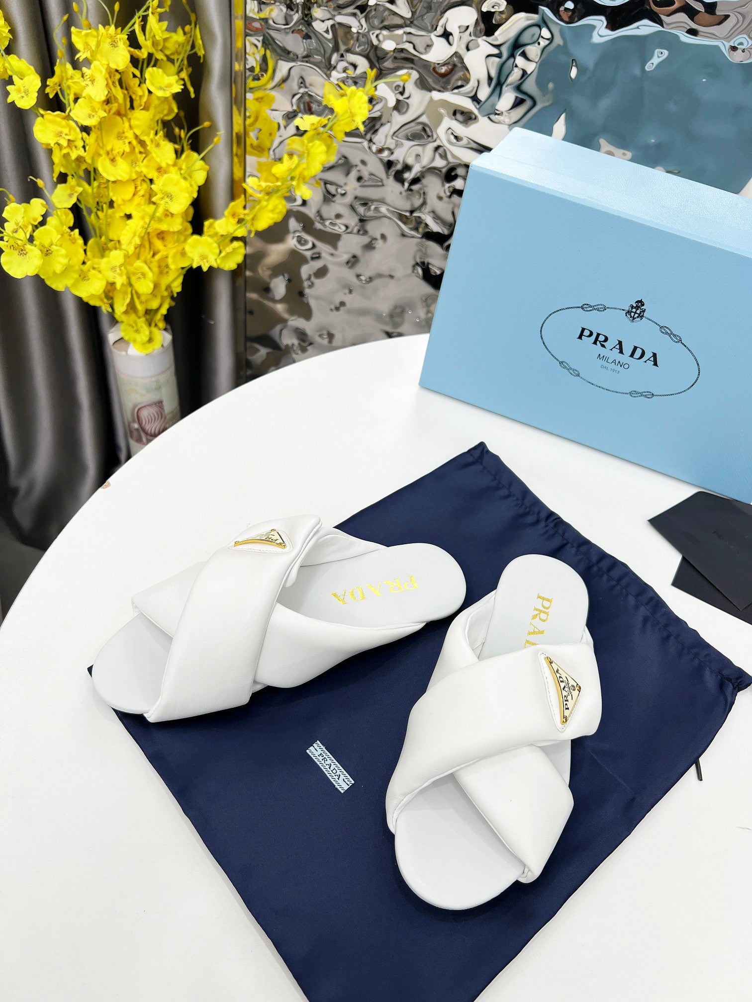 White Padded Leather Slides