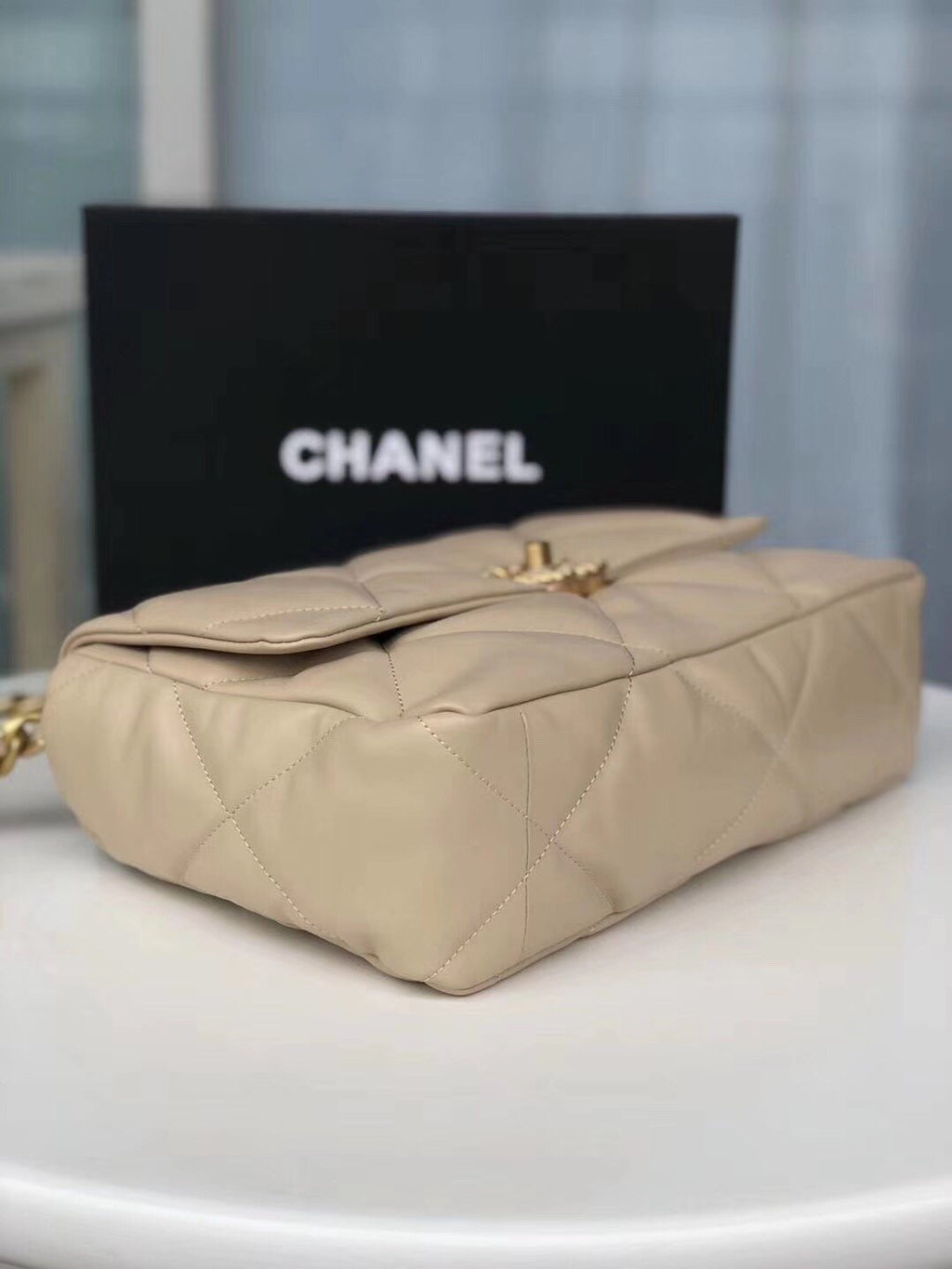 Large beige 19 flap bag