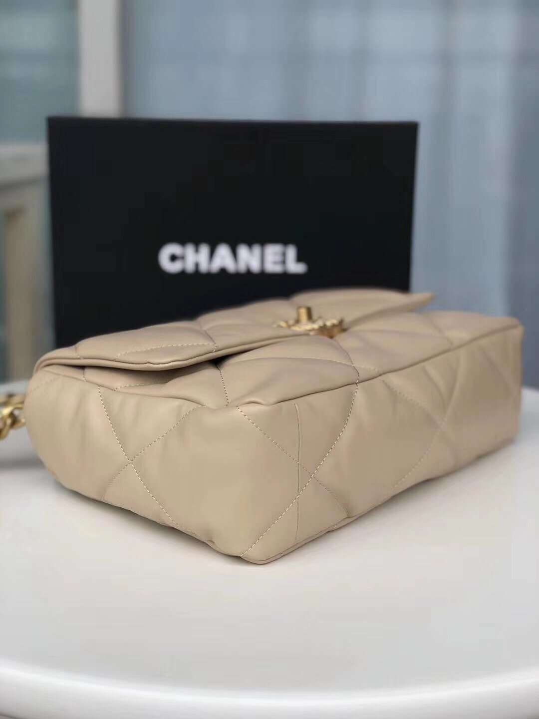 Large beige 19 flap bag