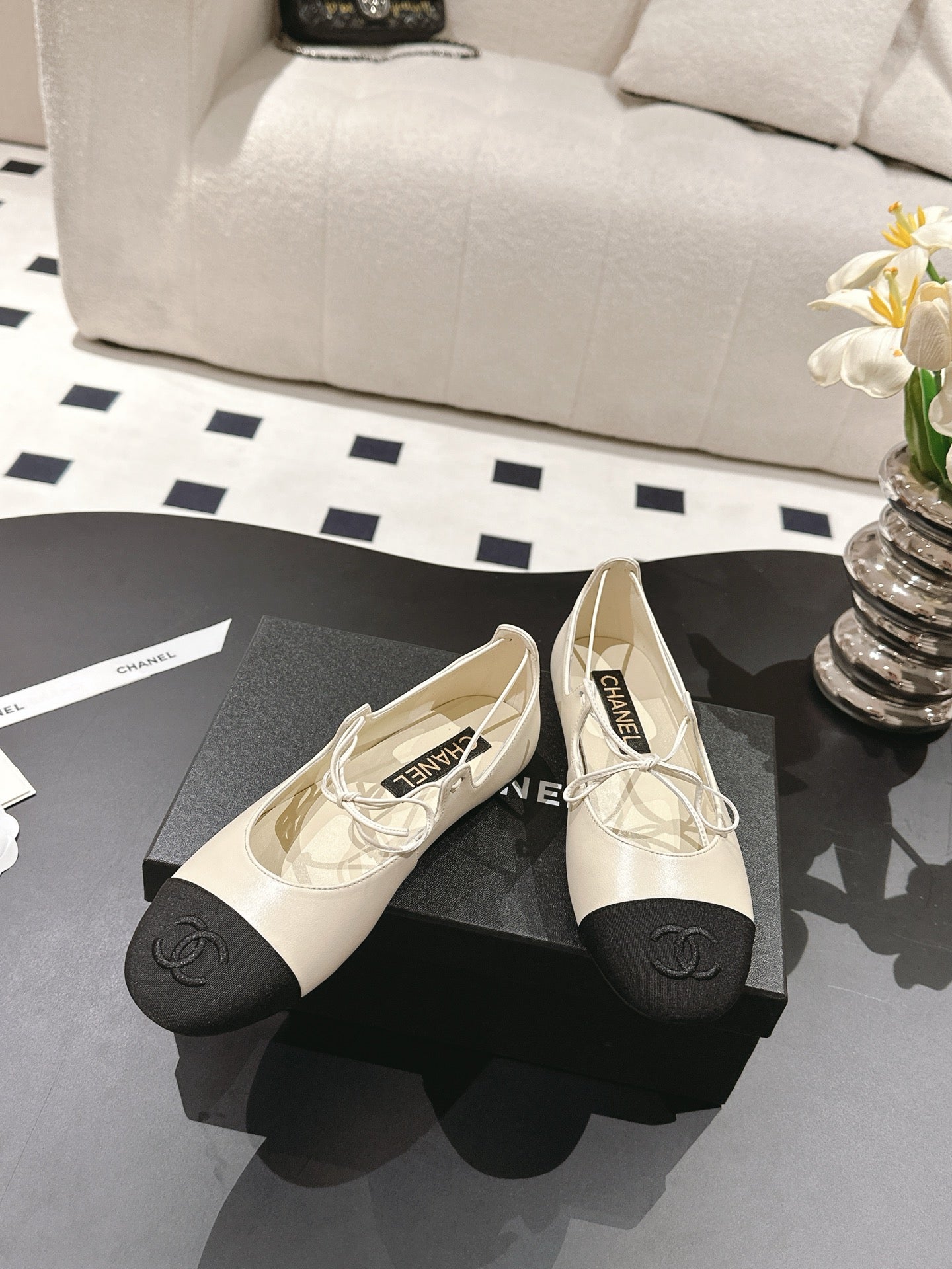 Ivory & Black MJ Ballerinas