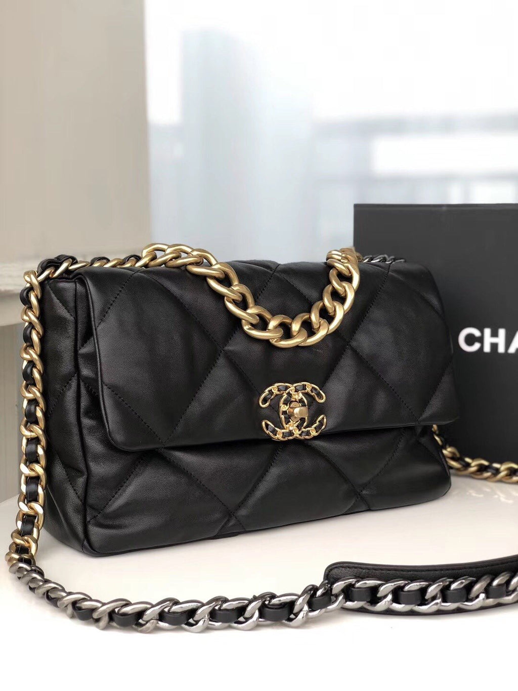 Large black 19 flap bag