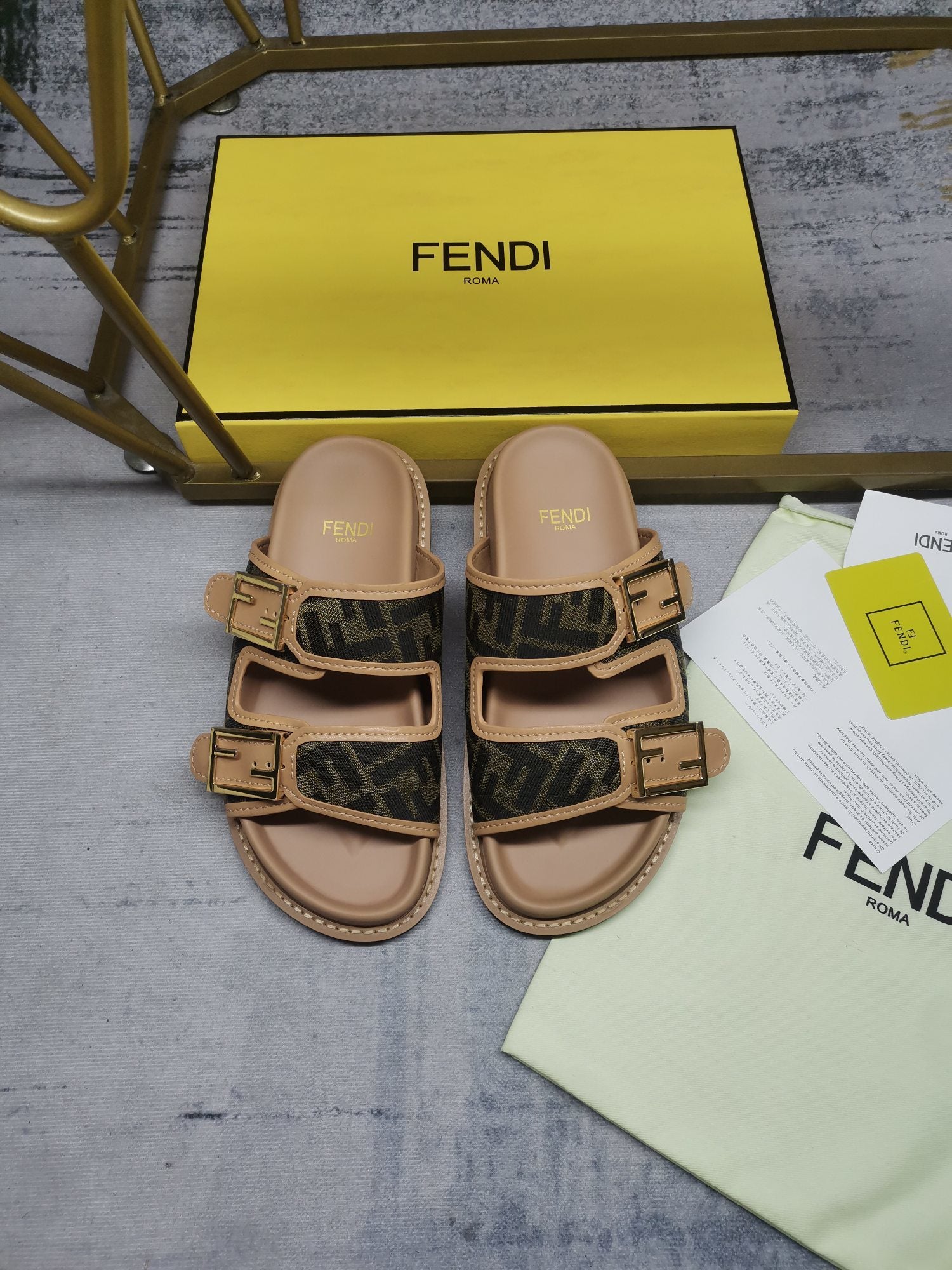Men's Brown FF feel fabric slides